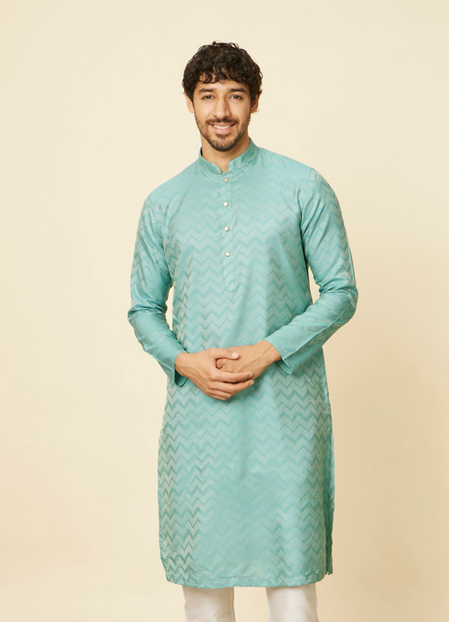 alt message - Manyavar Men Aqua Green Ikat Patterned Kurta Set image number 0