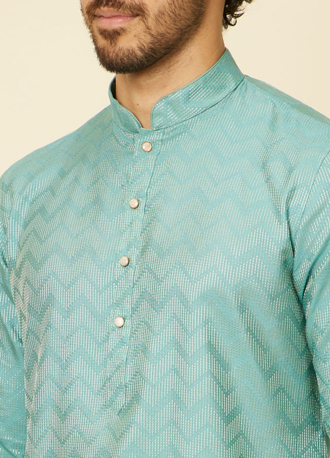 alt message - Manyavar Men Aqua Green Ikat Patterned Kurta Set image number 1