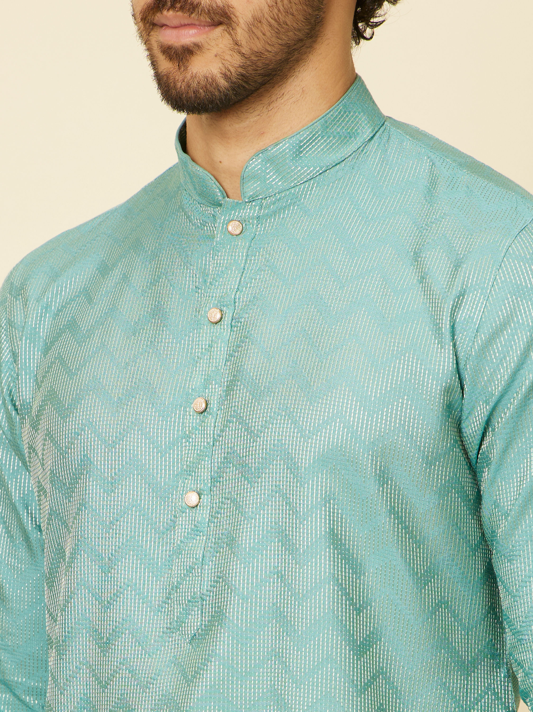 Manyavar Men Aqua Green Ikat Patterned Kurta Set