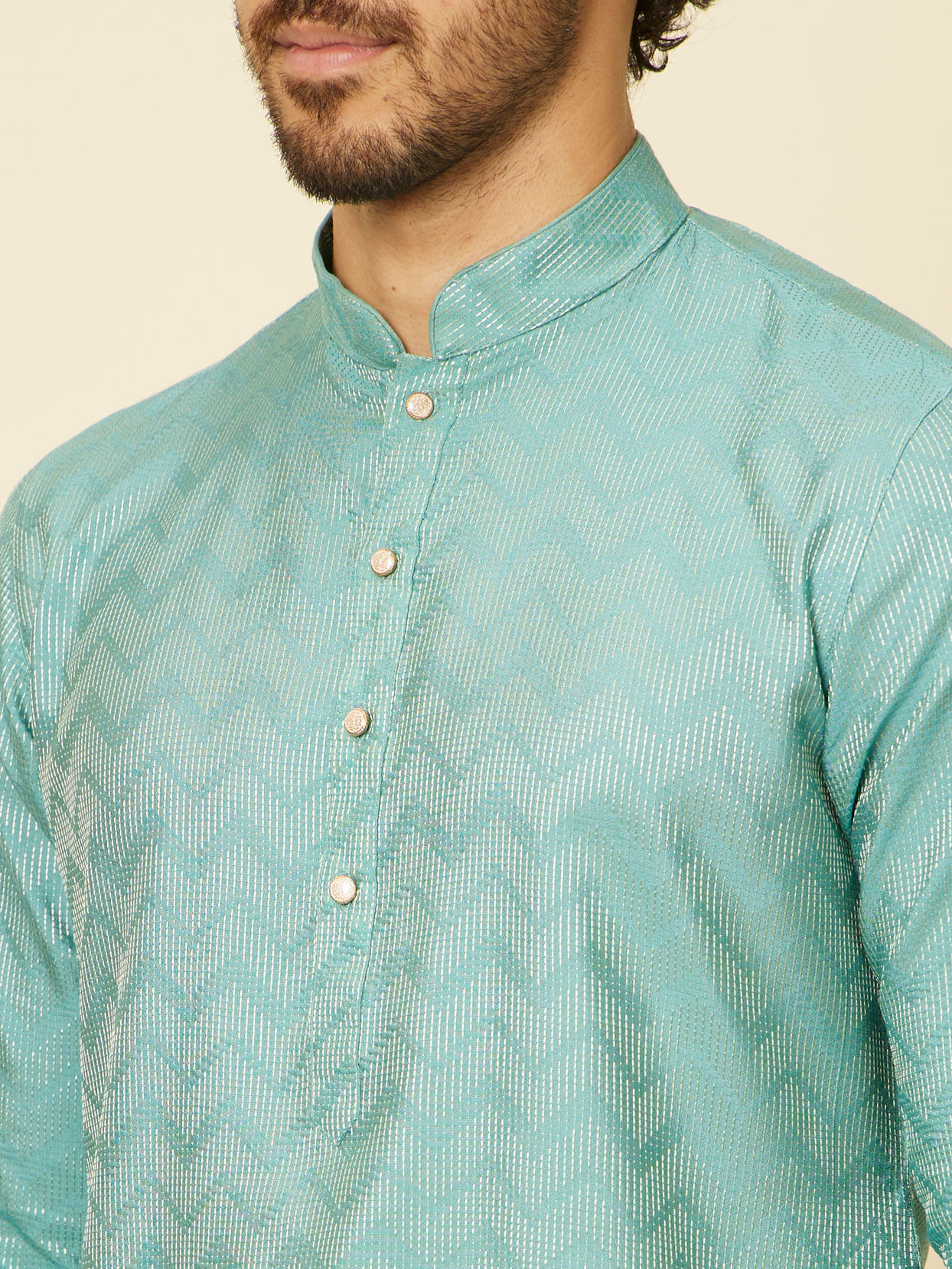 alt message - Manyavar Men Aqua Green Ikat Patterned Kurta Set image number 1