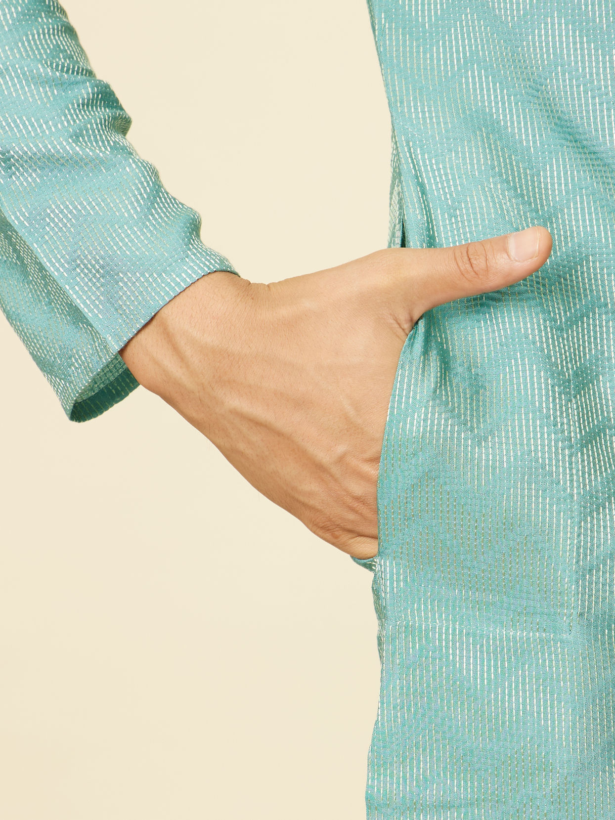Manyavar Men Aqua Green Ikat Patterned Kurta Set