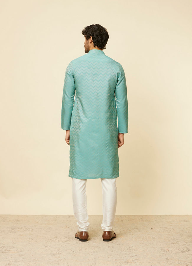 alt message - Manyavar Men Aqua Green Ikat Patterned Kurta Set image number 5