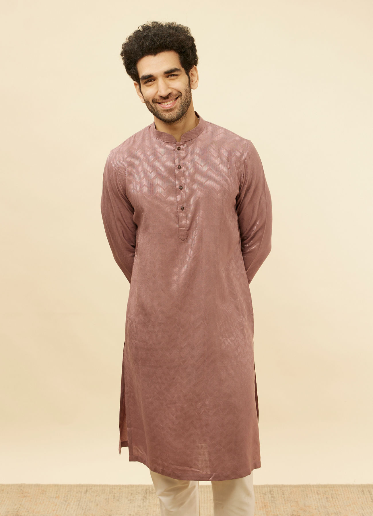 Manyavar Men Foxy Pink Chevron Patterned Kurta Set