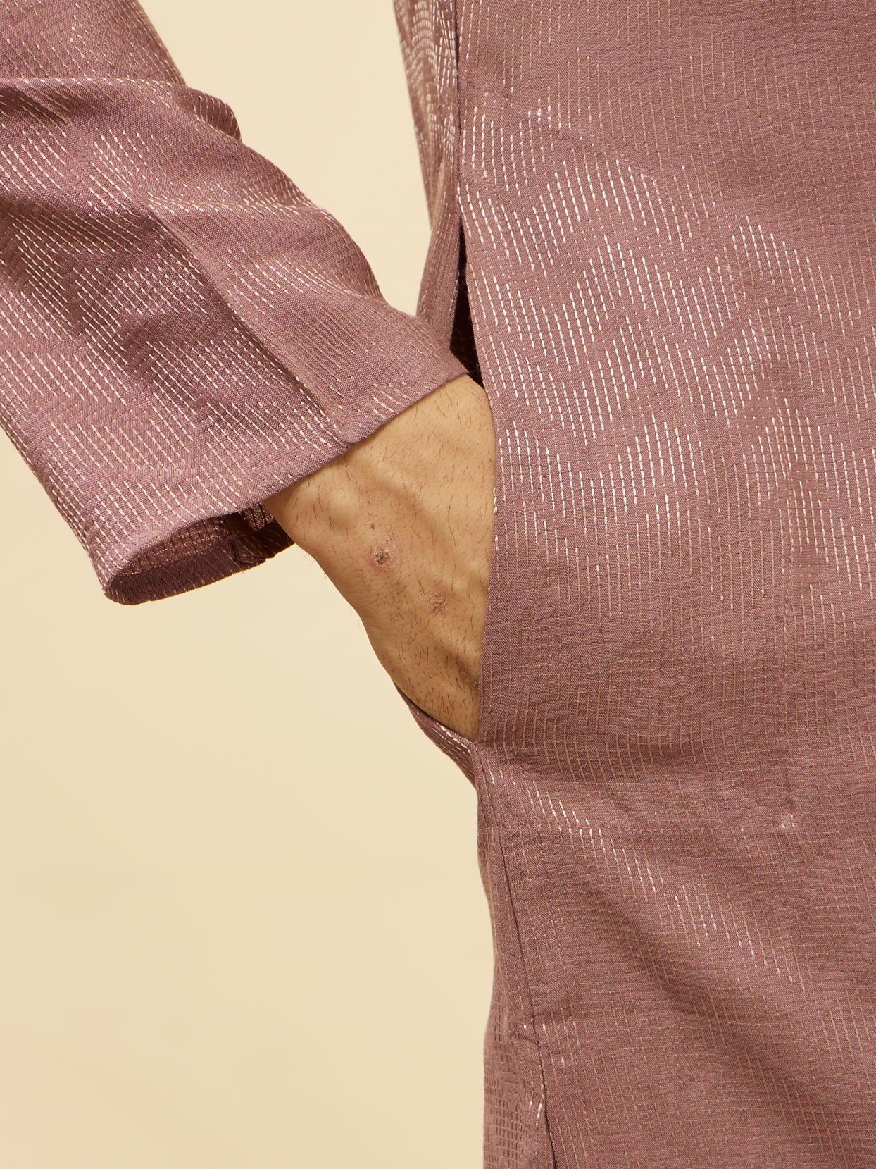 Manyavar Men Foxy Pink Chevron Patterned Kurta Set