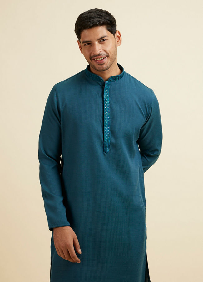 Manyavar Men Teal Blue Plain Kurta Set