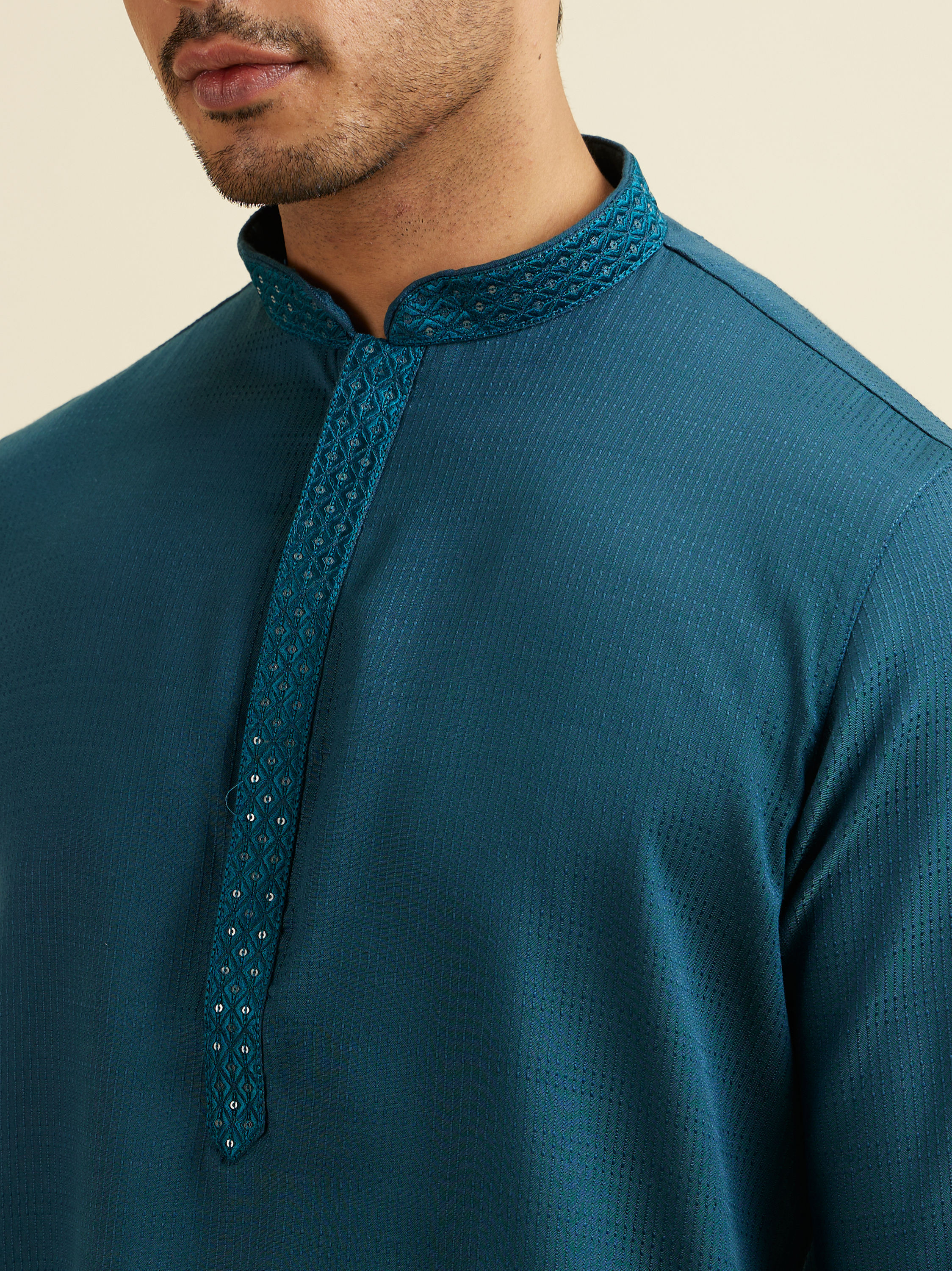 Manyavar Men Teal Blue Plain Kurta Set