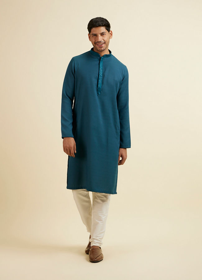 Manyavar Men Teal Blue Plain Kurta Set