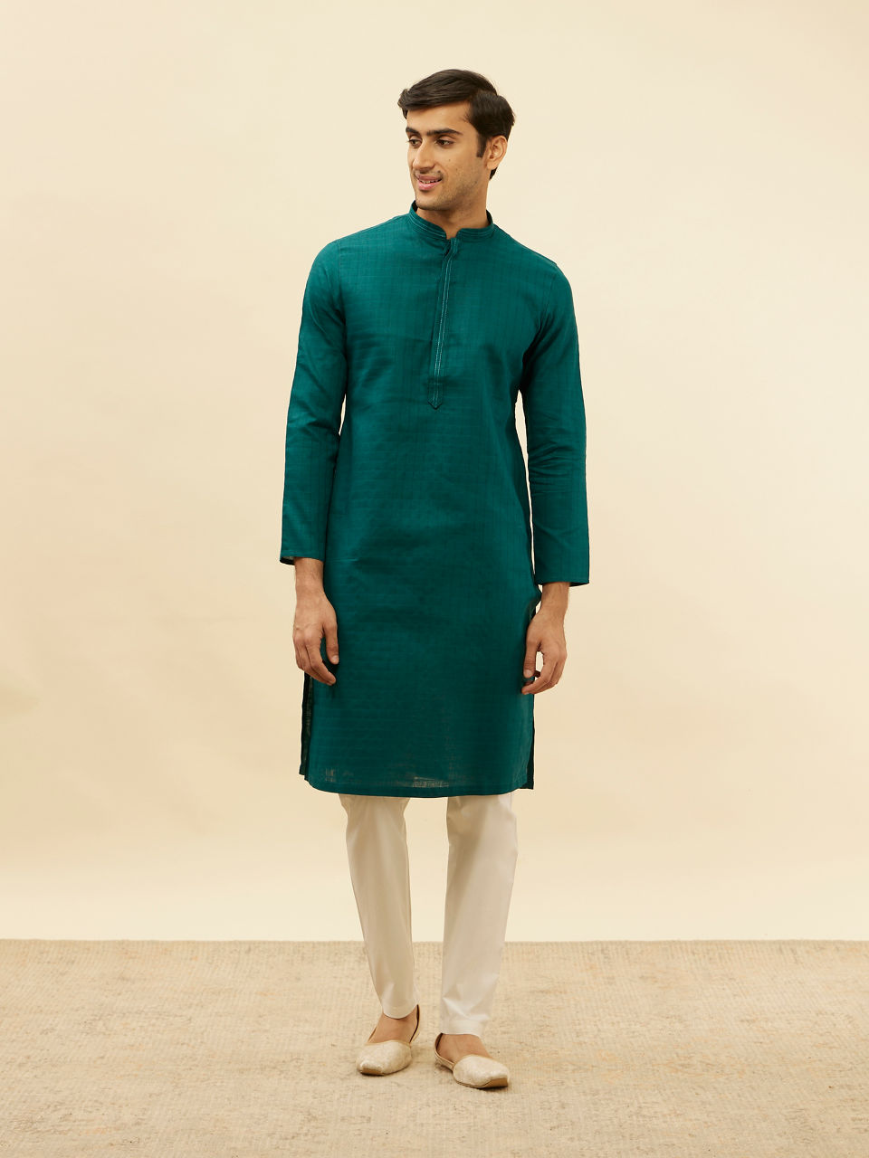 Manyavar Men Teal Blue Windowpane Checks Self Patterned Kurta Set