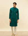 Manyavar Men Teal Blue Windowpane Checks Self Patterned Kurta Set image number 2