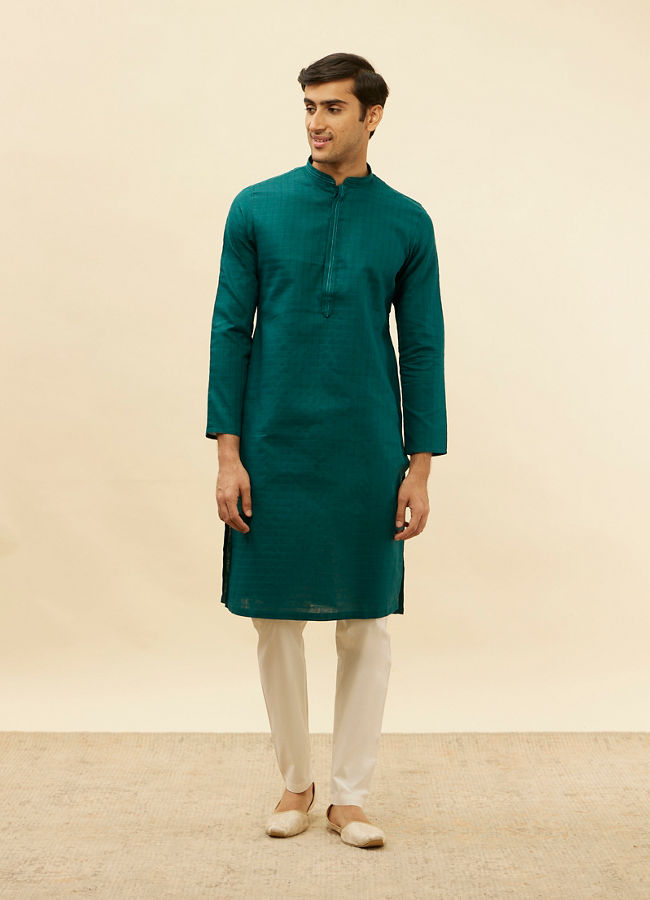 Manyavar Men Teal Blue Windowpane Checks Self Patterned Kurta Set