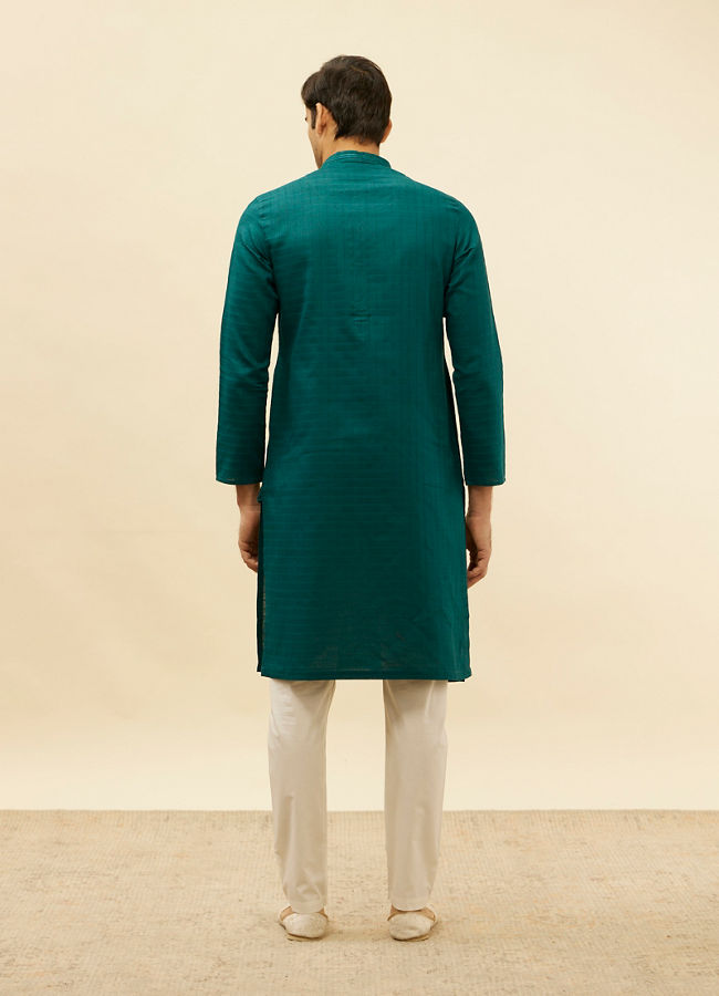 Manyavar Men Teal Blue Windowpane Checks Self Patterned Kurta Set