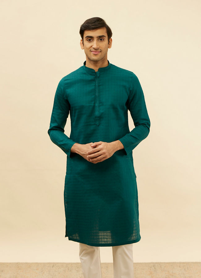 Manyavar Men Teal Blue Windowpane Checks Self Patterned Kurta Set