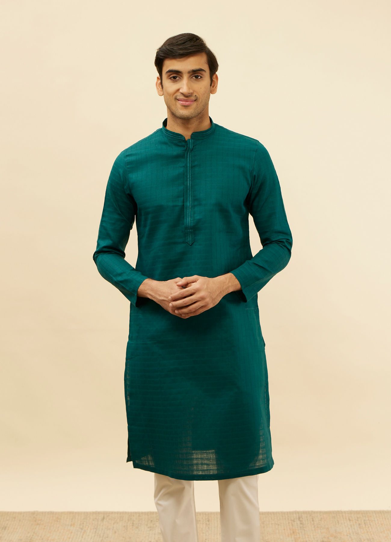 Manyavar Men Teal Blue Windowpane Checks Self Patterned Kurta Set