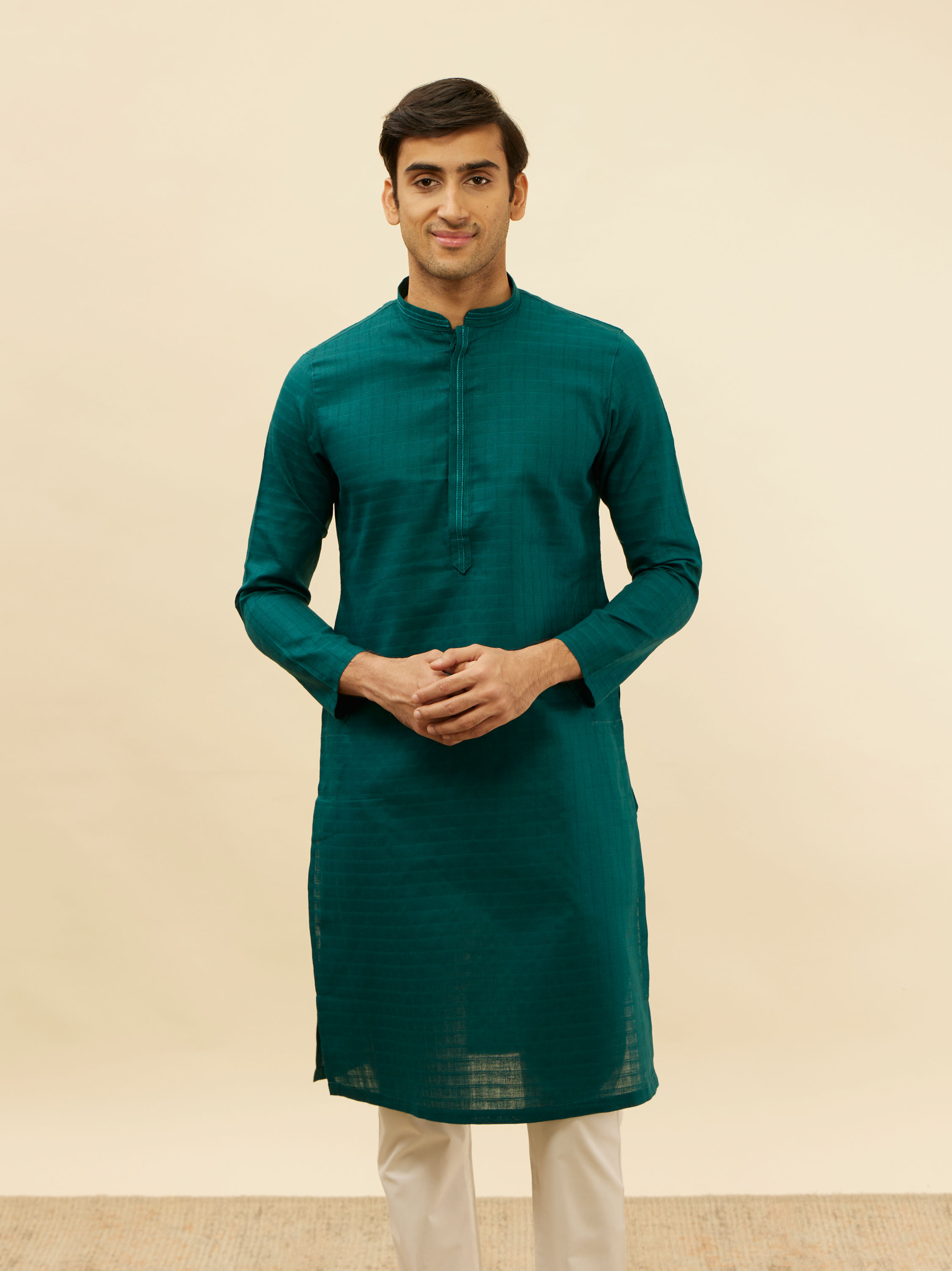 Manyavar Men Teal Blue Windowpane Checks Self Patterned Kurta Set