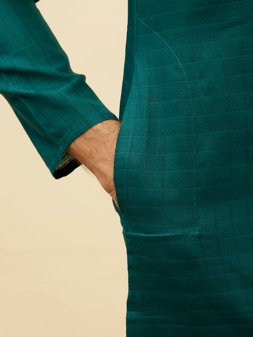 Manyavar Men Teal Blue Windowpane Checks Self Patterned Kurta Set