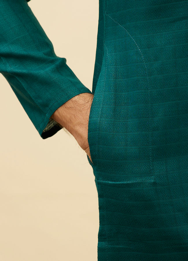 Manyavar Men Teal Blue Windowpane Checks Self Patterned Kurta Set