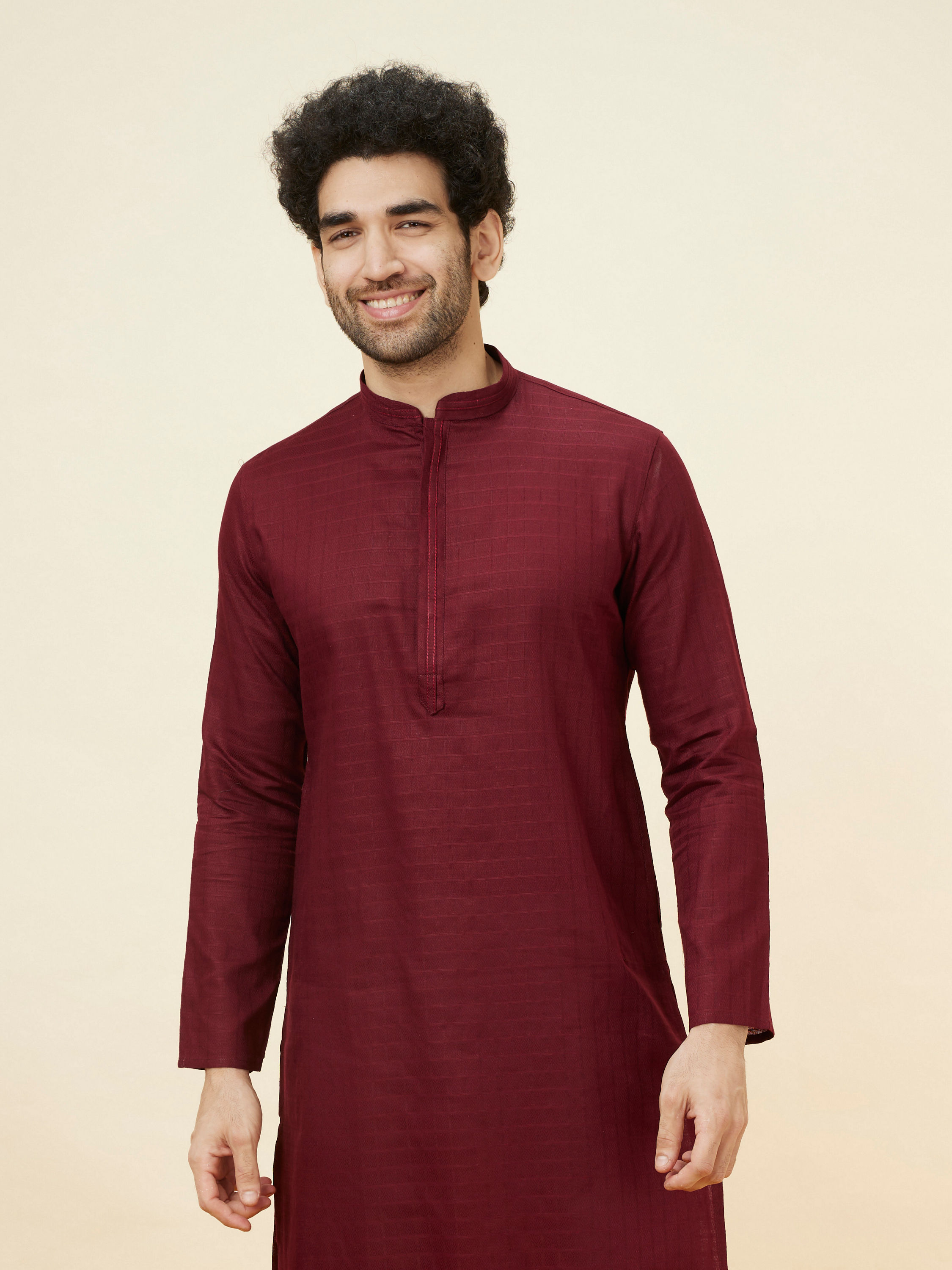 Manyavar Men Maroon Self Patterned Classic Kurta Set