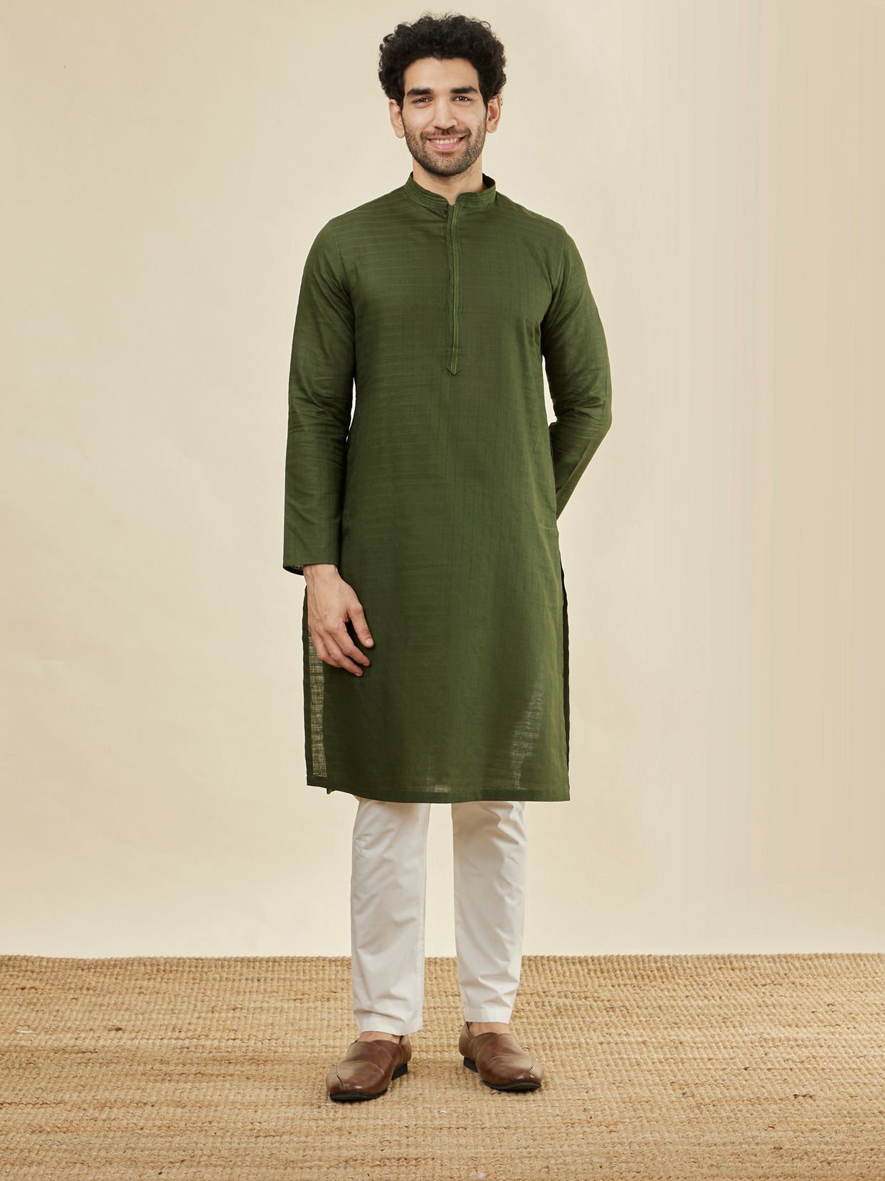 Manyavar Men Mehendi Green Self Patterned Kurta Set
