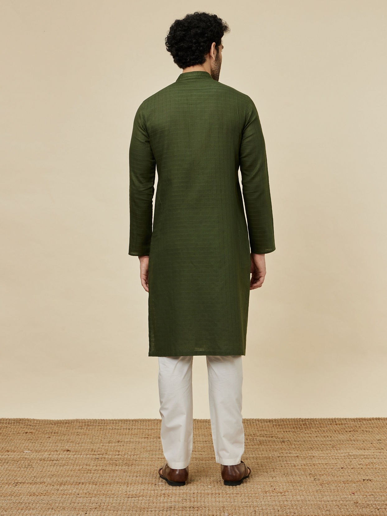 Manyavar Men Mehendi Green Self Patterned Kurta Set