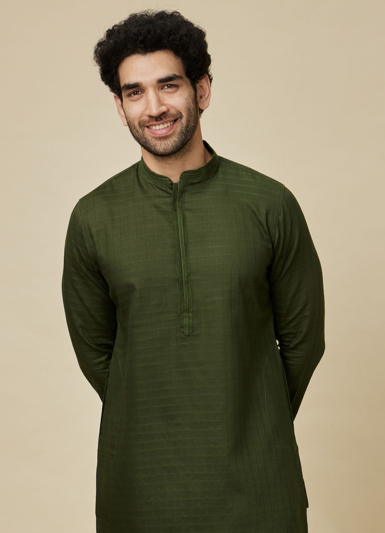 Manyavar Men Mehendi Green Self Patterned Kurta Set