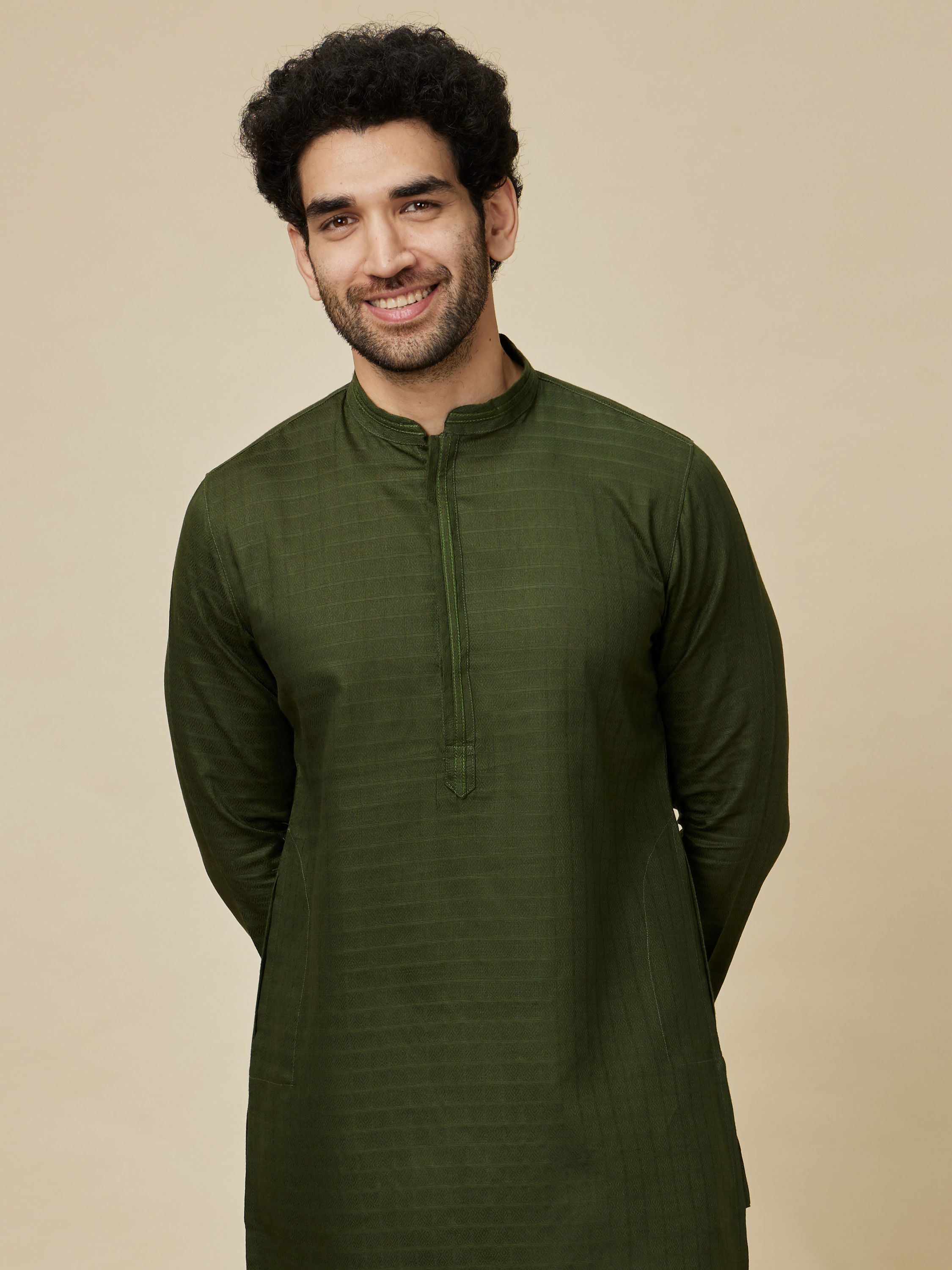 Manyavar Men Mehendi Green Self Patterned Kurta Set