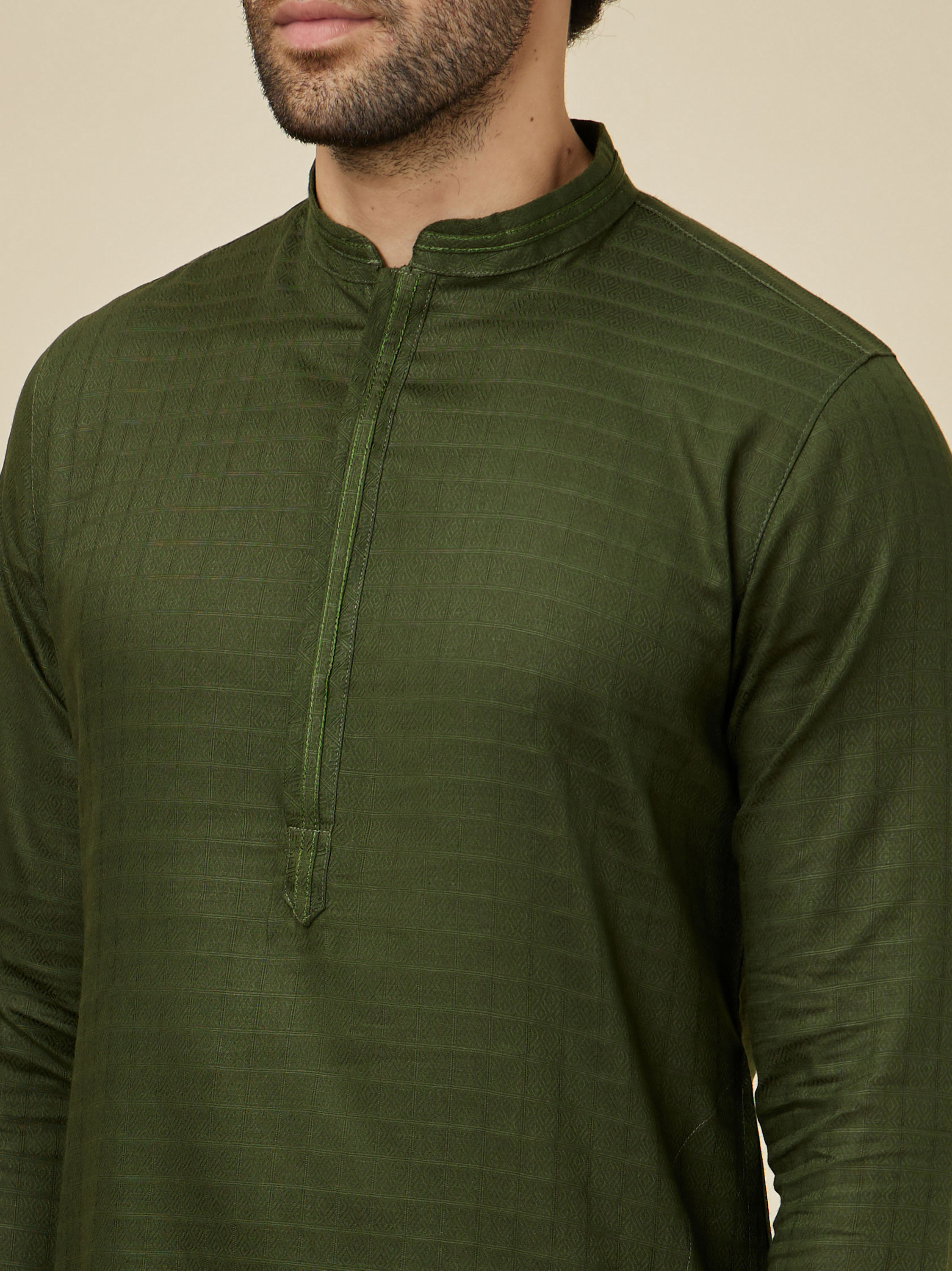 Manyavar Men Mehendi Green Self Patterned Kurta Set