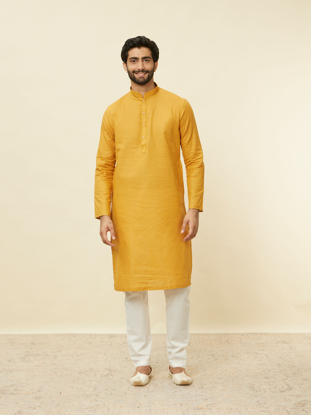 Manyavar Men Mustard Yellow Textured Kurta Set