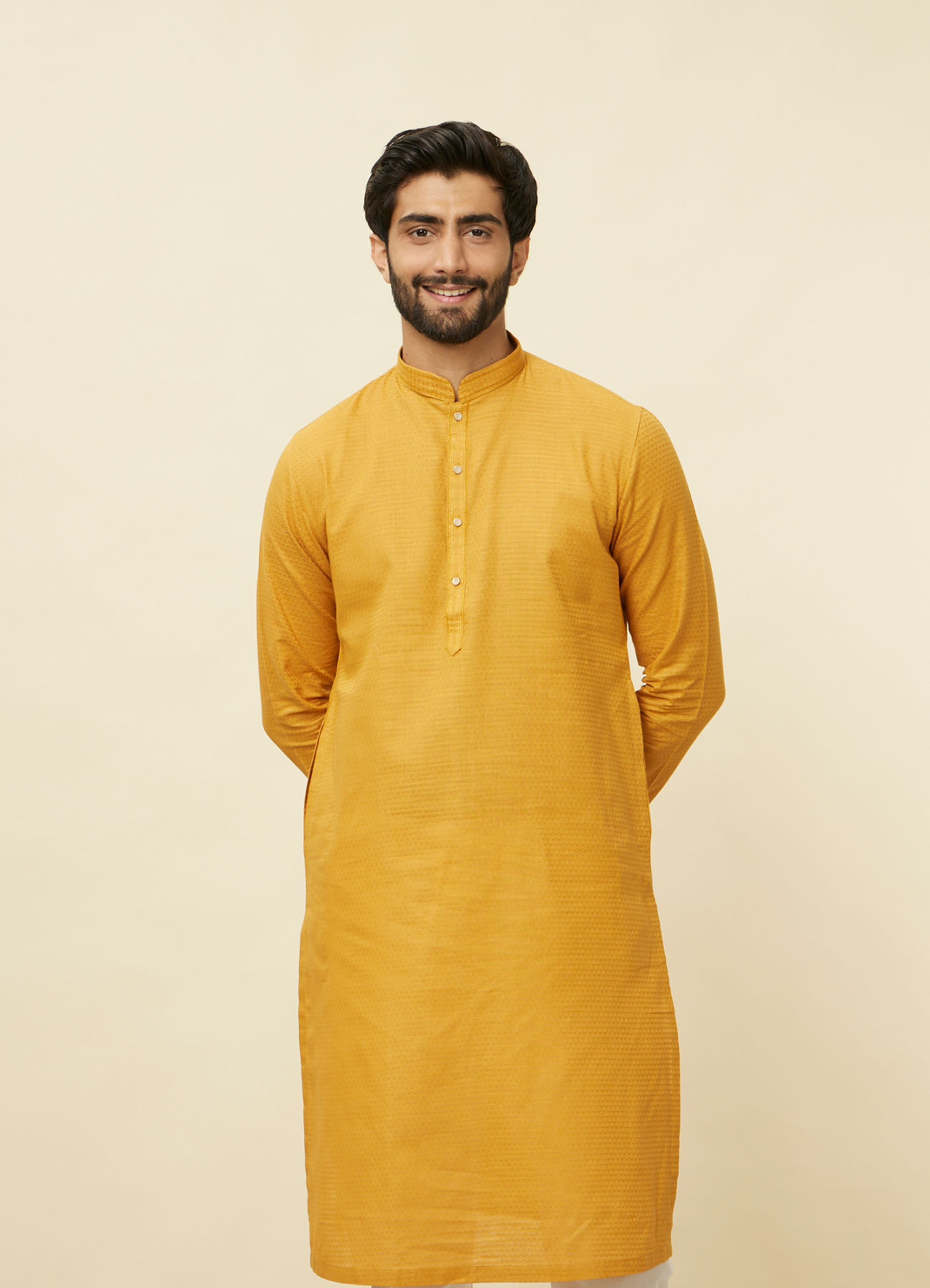 Manyavar Men Mustard Yellow Textured Kurta Set