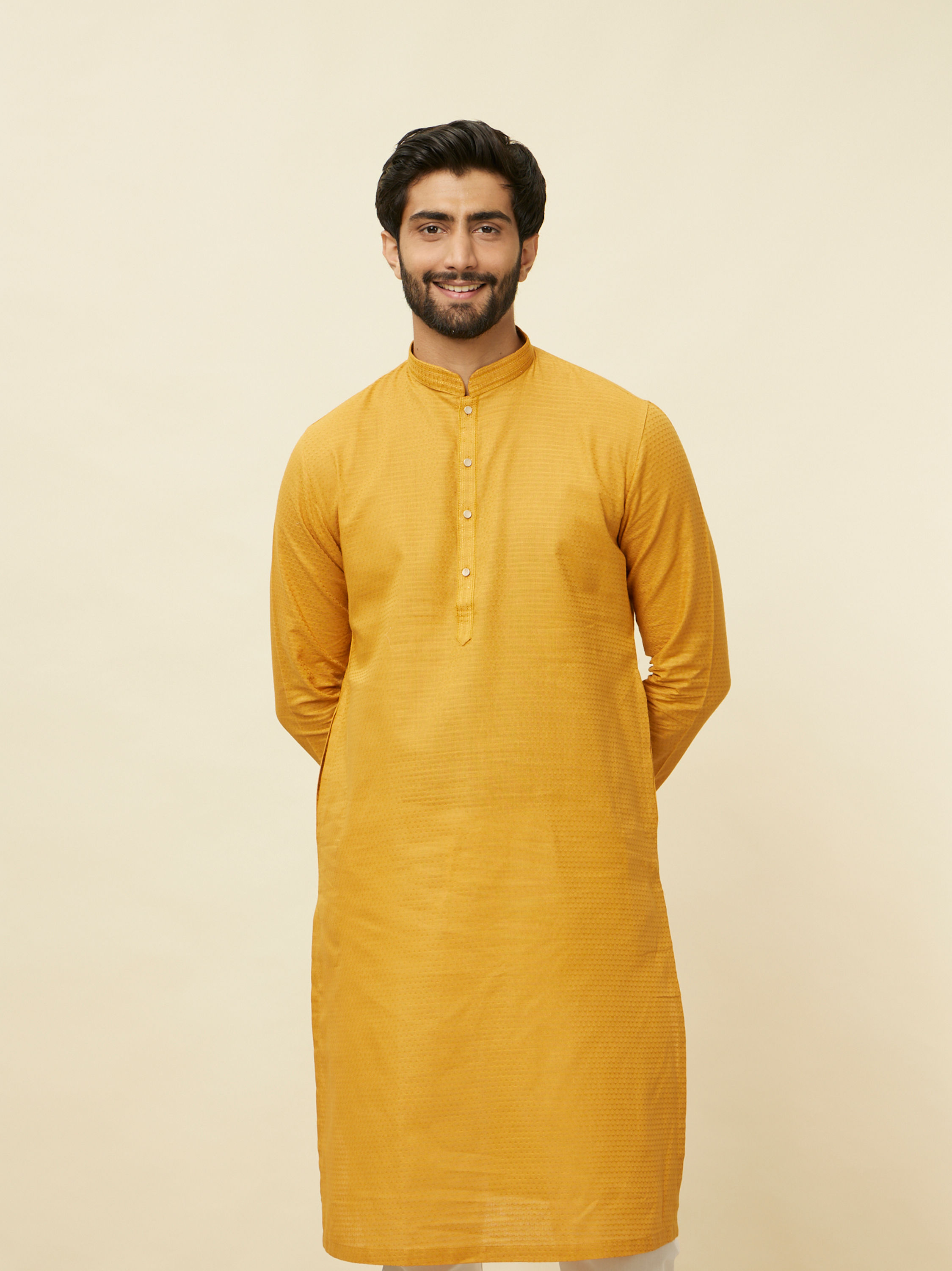 Manyavar Men Mustard Yellow Textured Kurta Set