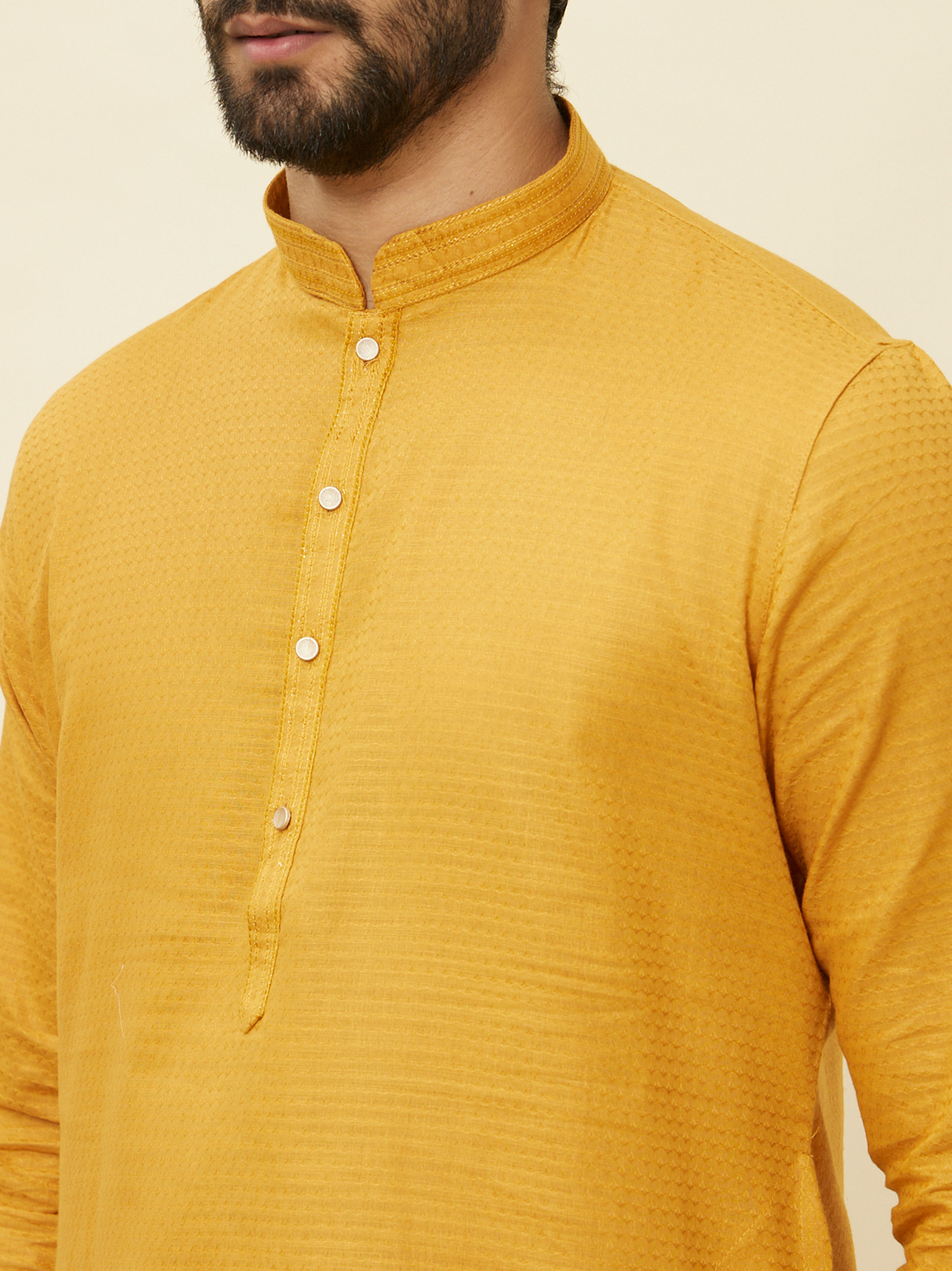 Manyavar Men Mustard Yellow Textured Kurta Set