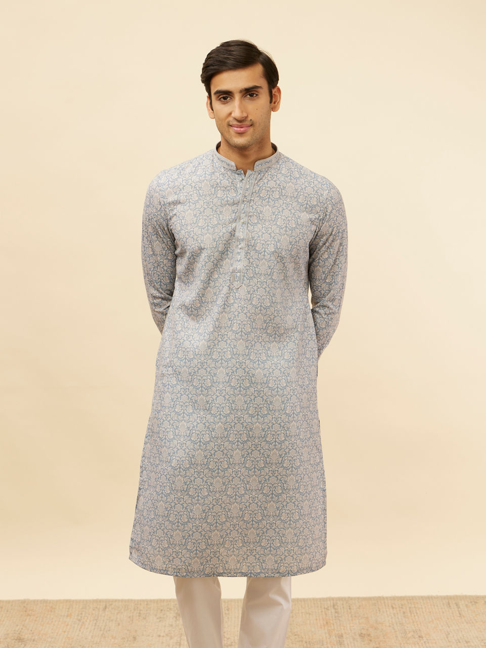 Manyavar Men Misty Grey Floral Printed Kurta Set