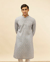 Manyavar Men Misty Grey Floral Printed Kurta Set