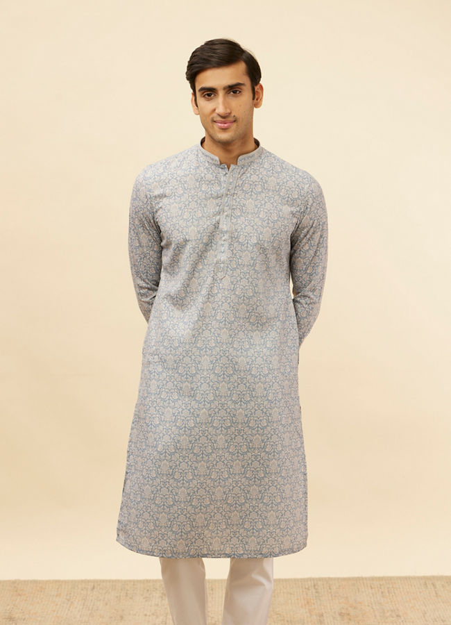Manyavar Men Misty Grey Floral Printed Kurta Set