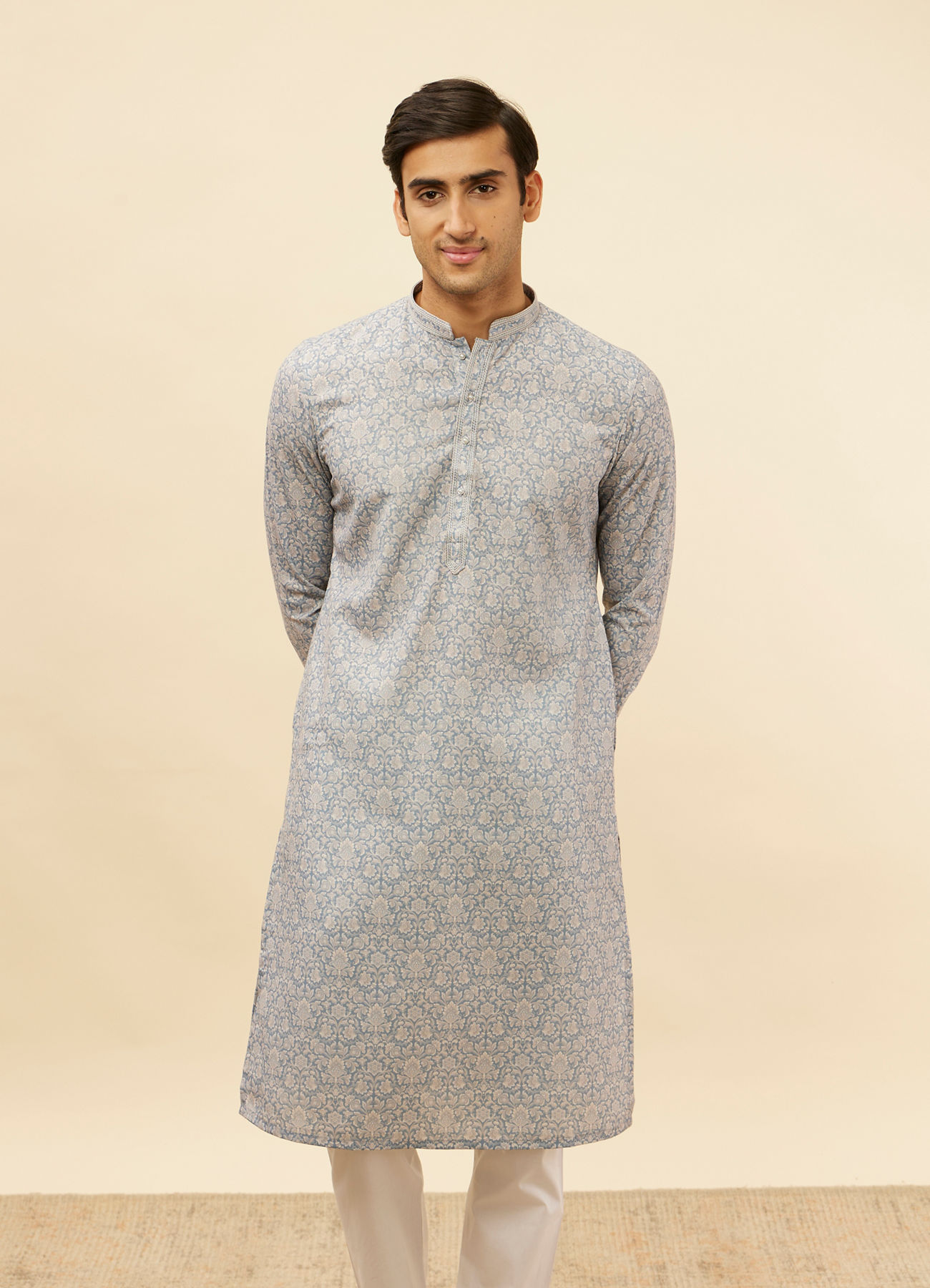Manyavar Men Misty Grey Floral Printed Kurta Set
