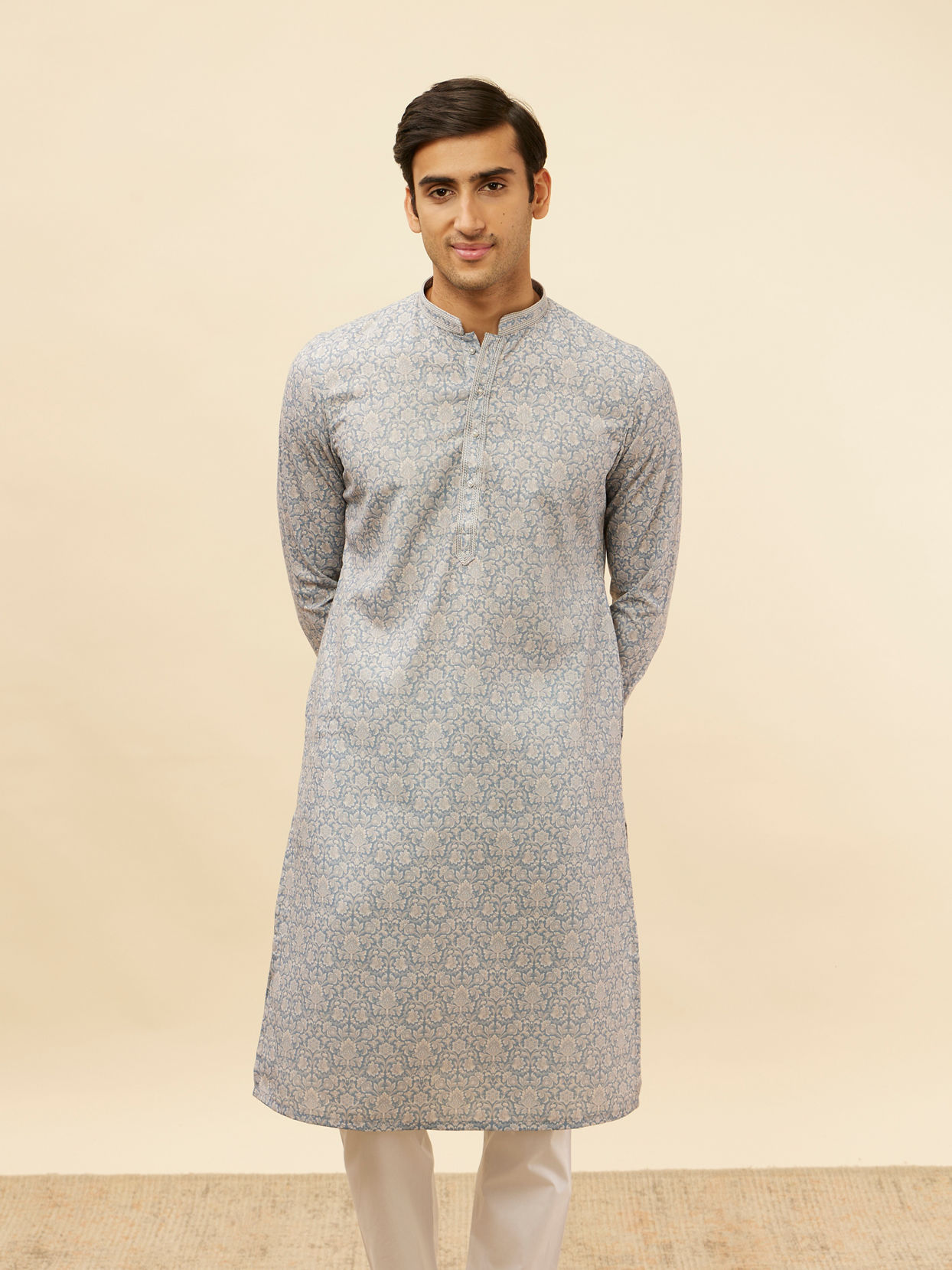 alt message - Manyavar Men Misty Grey Floral Printed Kurta Set image number 0