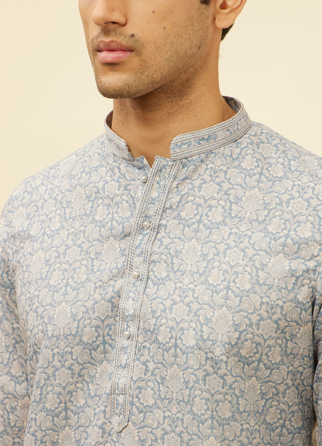 Manyavar Men Misty Grey Floral Printed Kurta Set