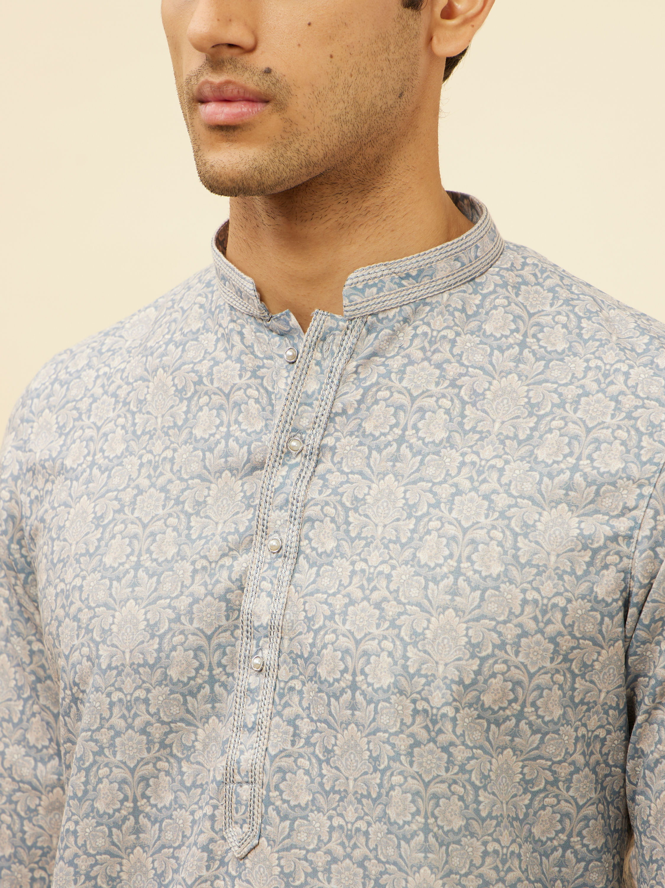 Manyavar Men Misty Grey Floral Printed Kurta Set