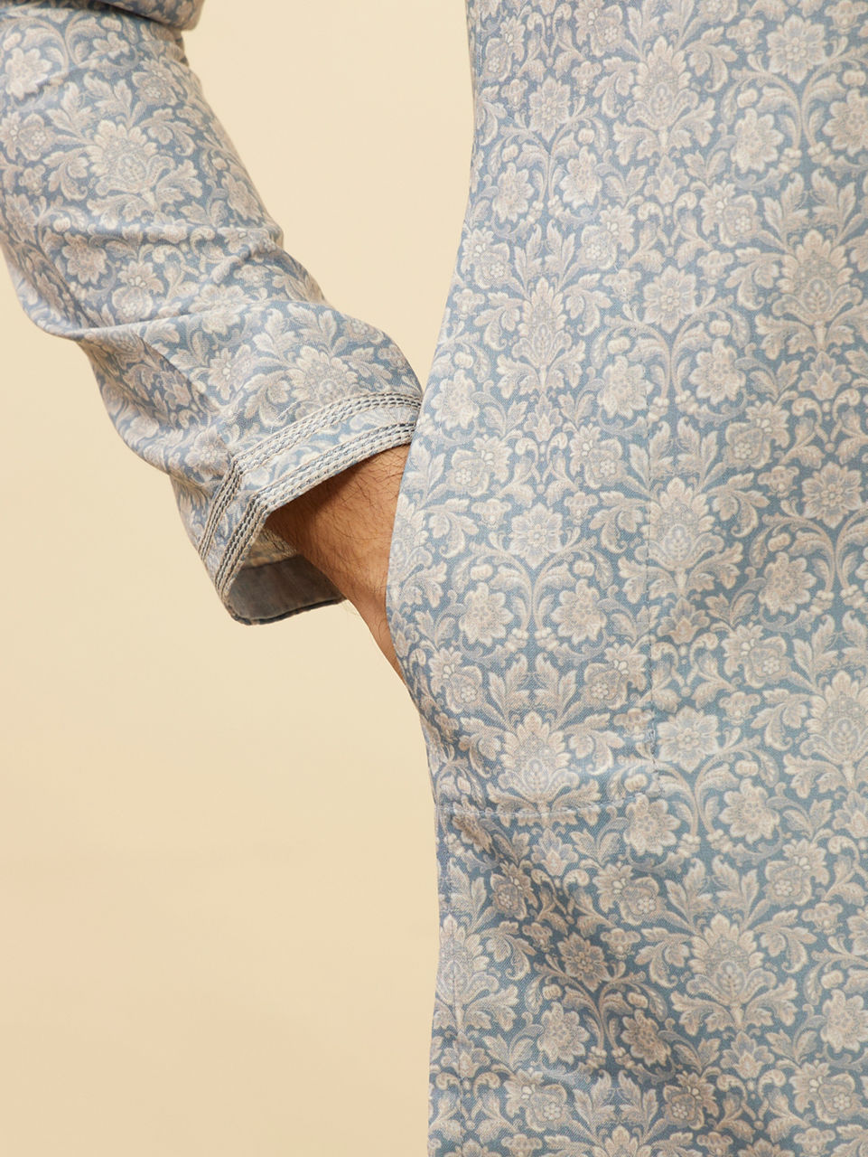 Manyavar Men Misty Grey Floral Printed Kurta Set