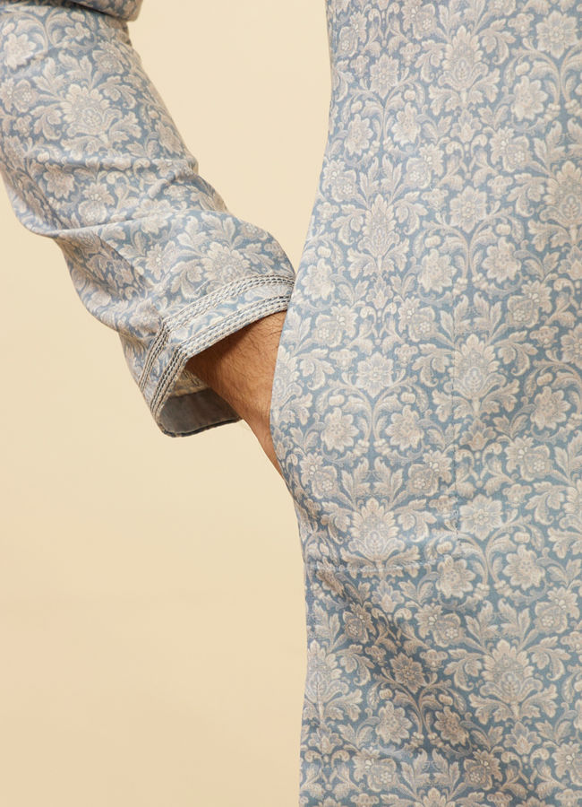 Manyavar Men Misty Grey Floral Printed Kurta Set