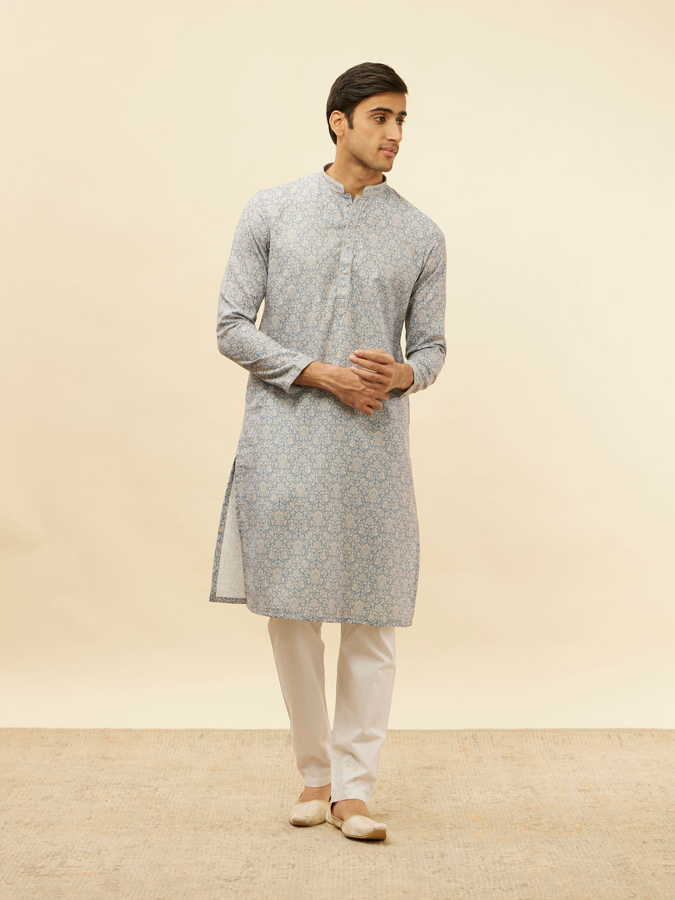 Manyavar Men Misty Grey Floral Printed Kurta Set