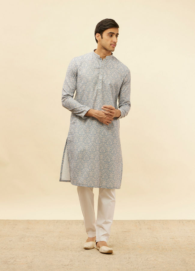 Manyavar Men Misty Grey Floral Printed Kurta Set