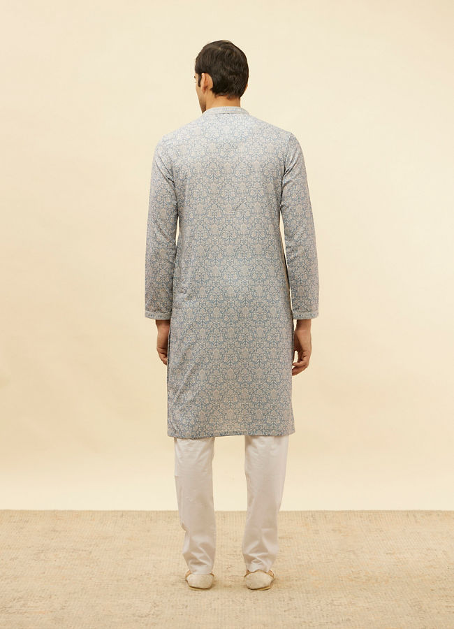 Manyavar Men Misty Grey Floral Printed Kurta Set