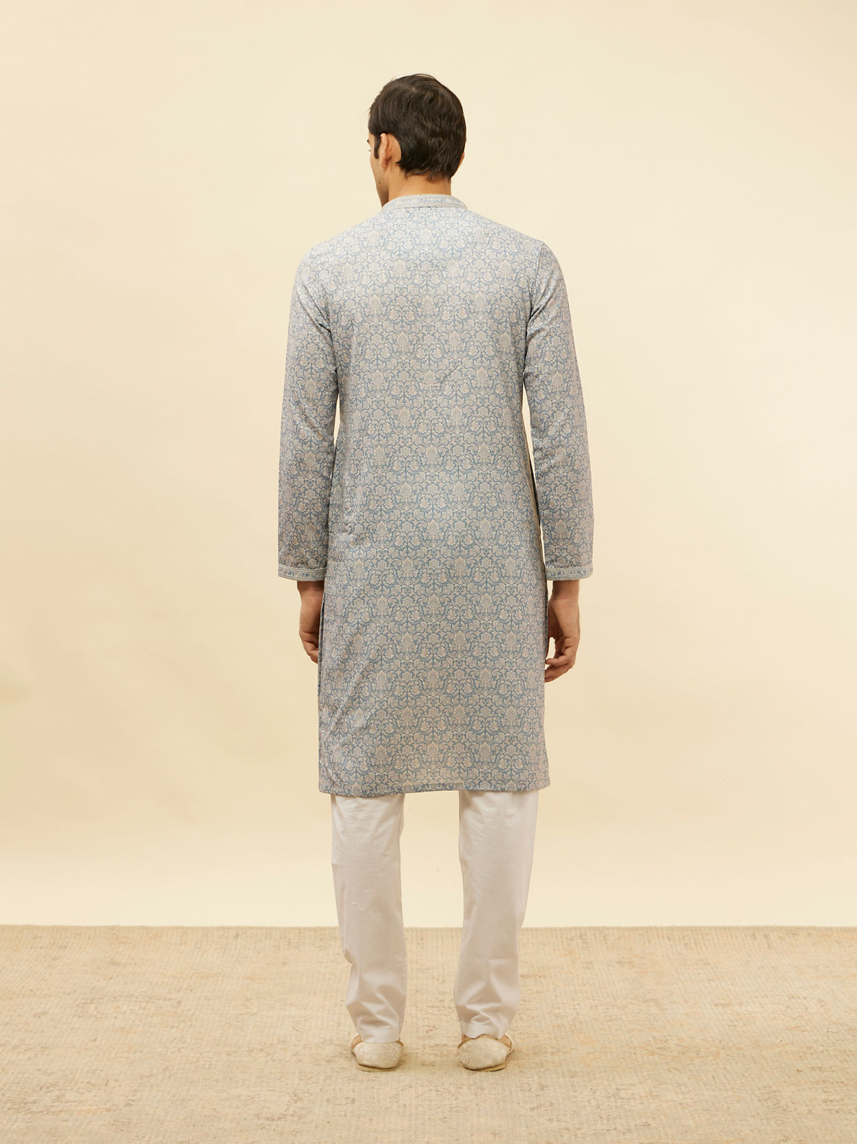 Manyavar Men Misty Grey Floral Printed Kurta Set