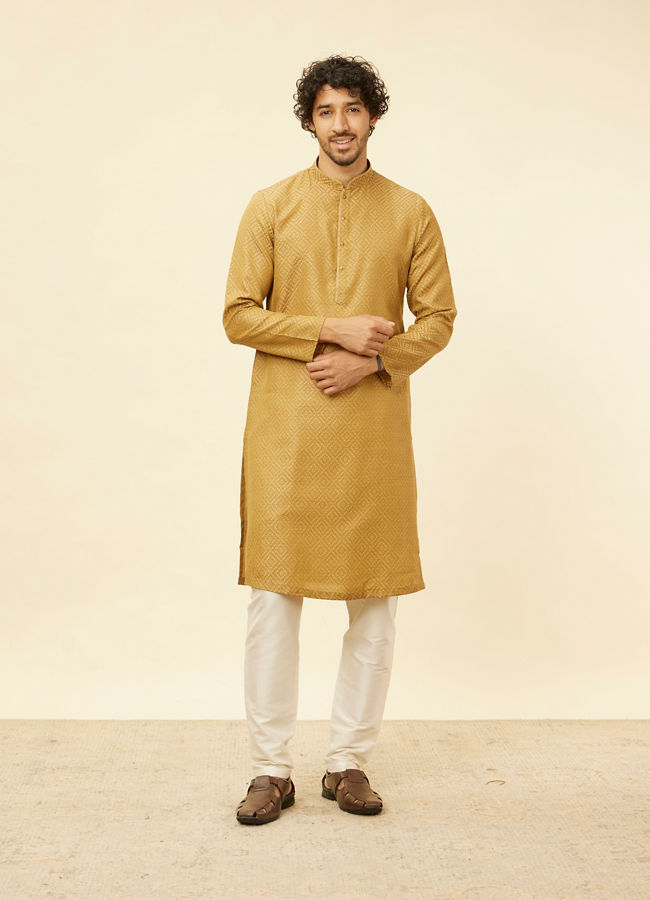 Manyavar Men Sepia Green Grid Patterned Kurta Set