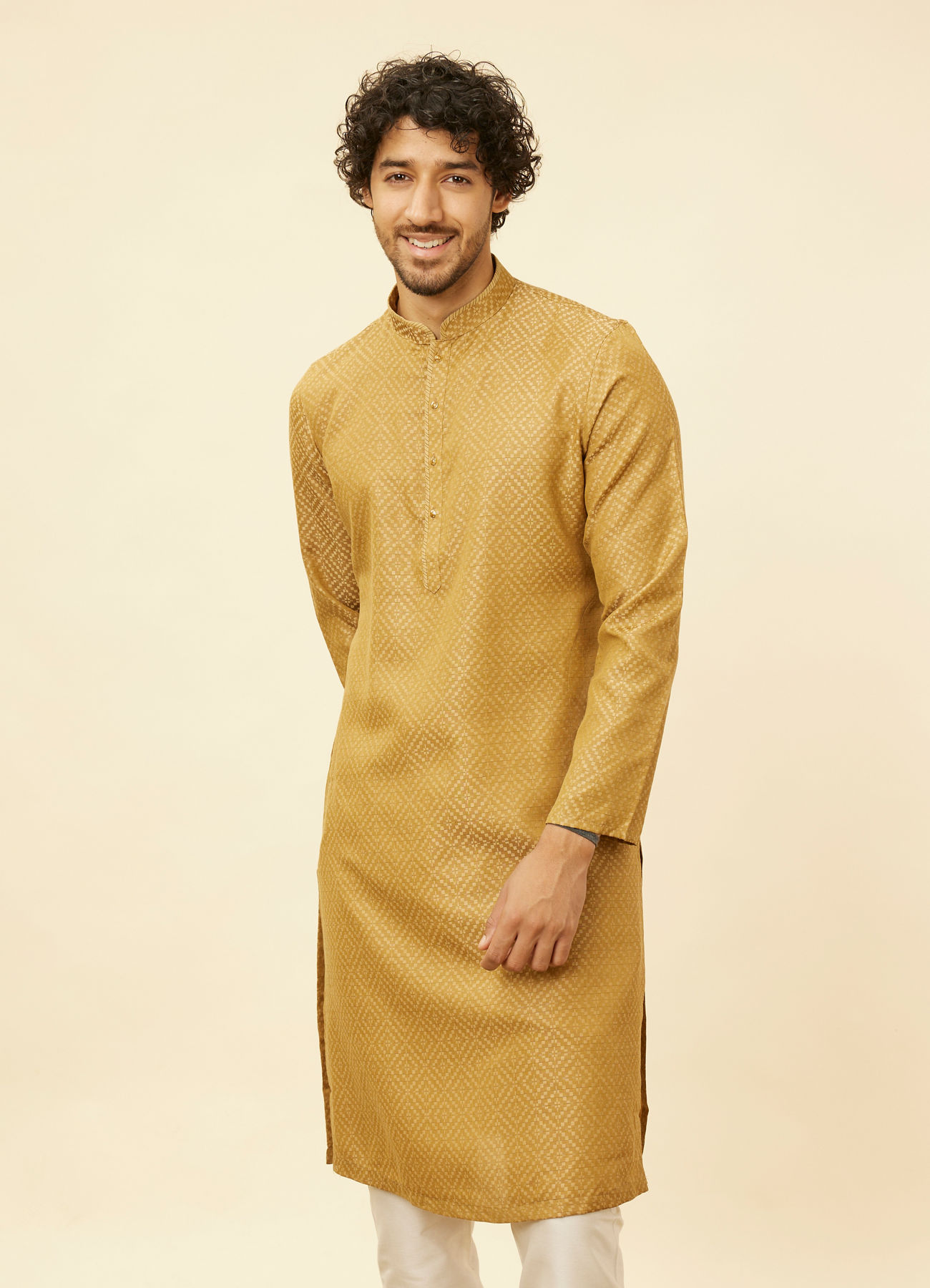 Manyavar Men Sepia Green Grid Patterned Kurta Set