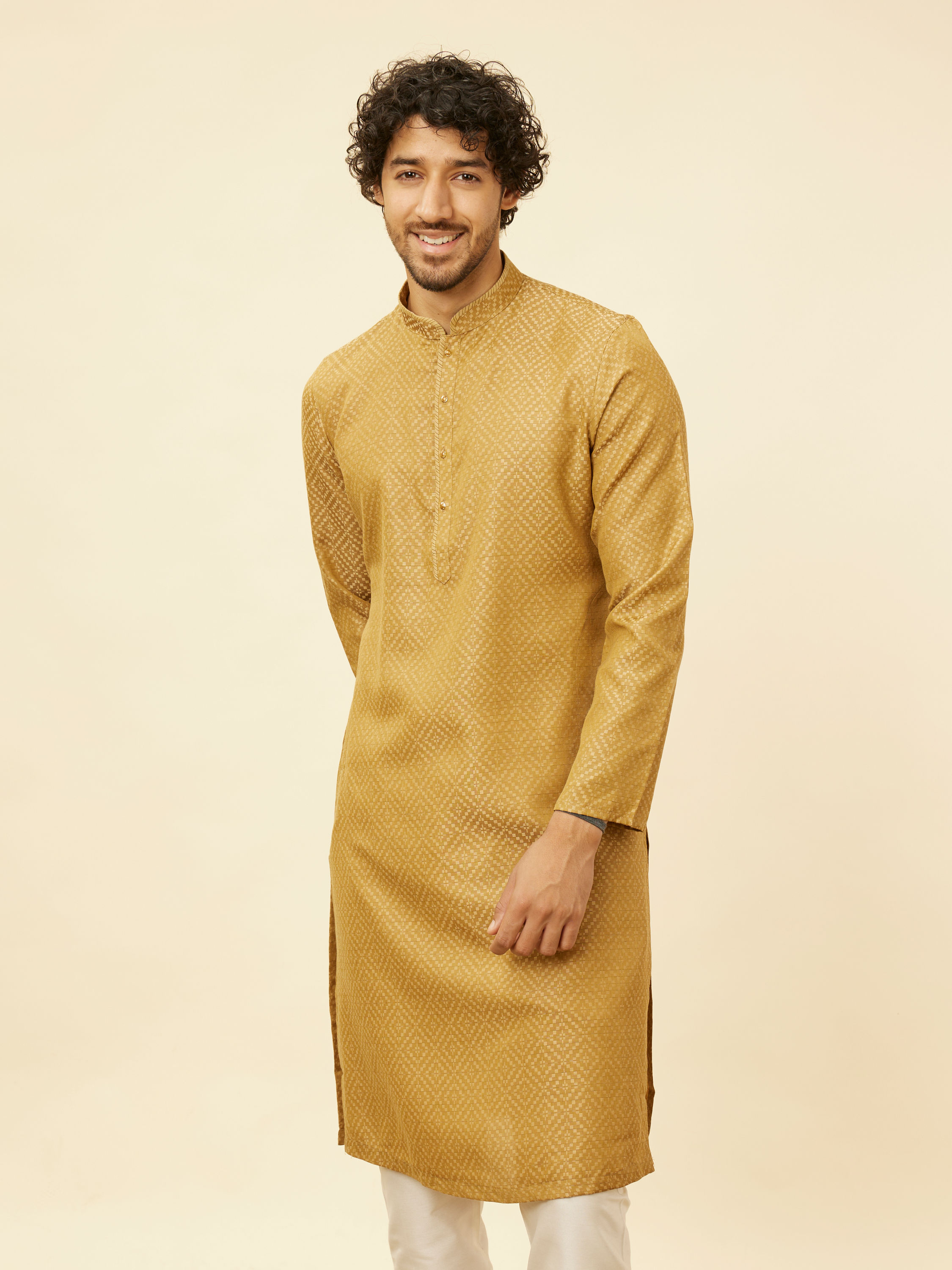 Manyavar Men Sepia Green Grid Patterned Kurta Set
