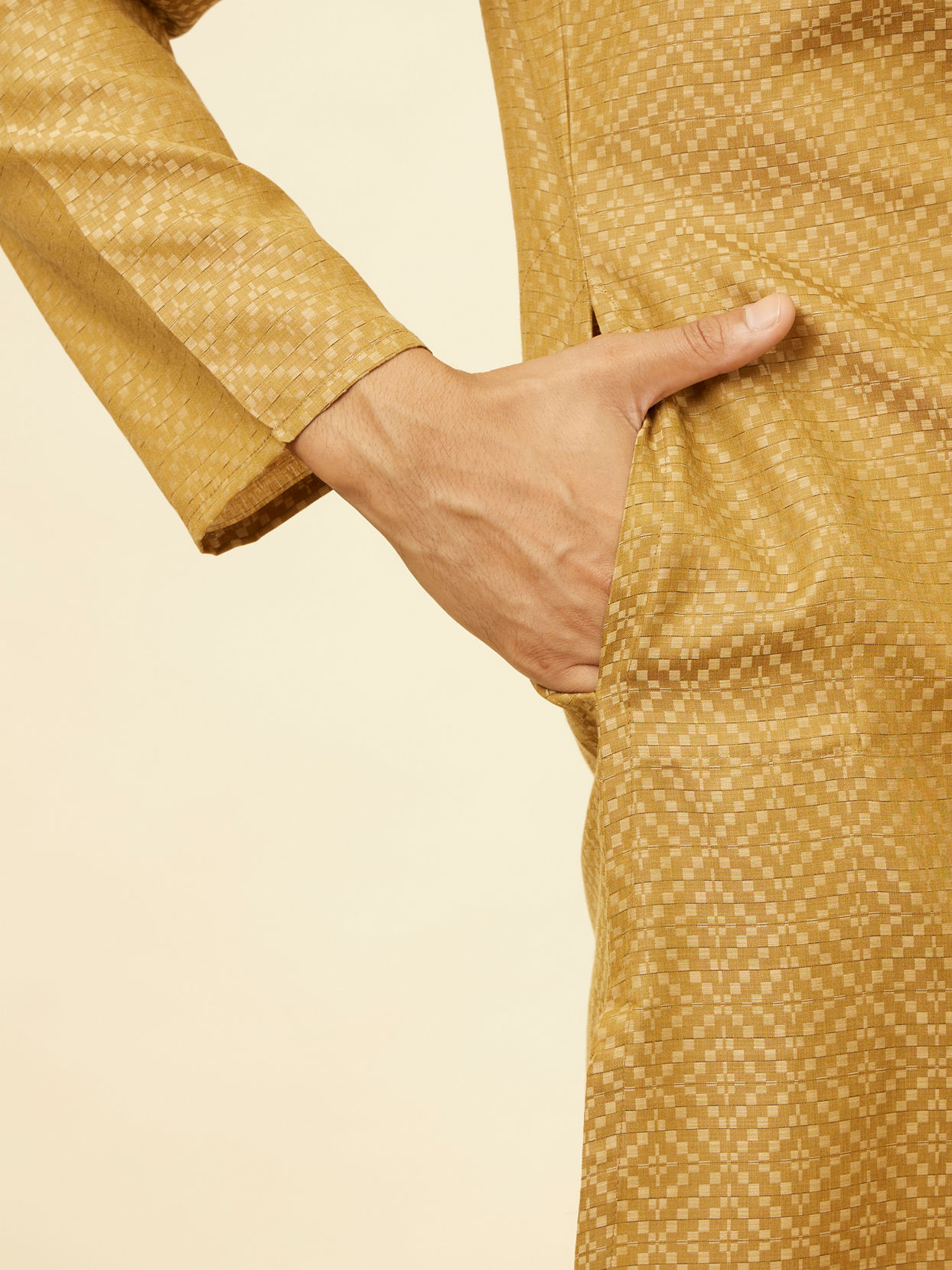 Manyavar Men Sepia Green Grid Patterned Kurta Set