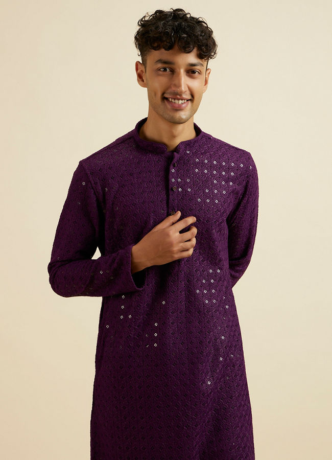 alt message - Manyavar Men Purple Chikankari Sequinned Kurta Set image number 0