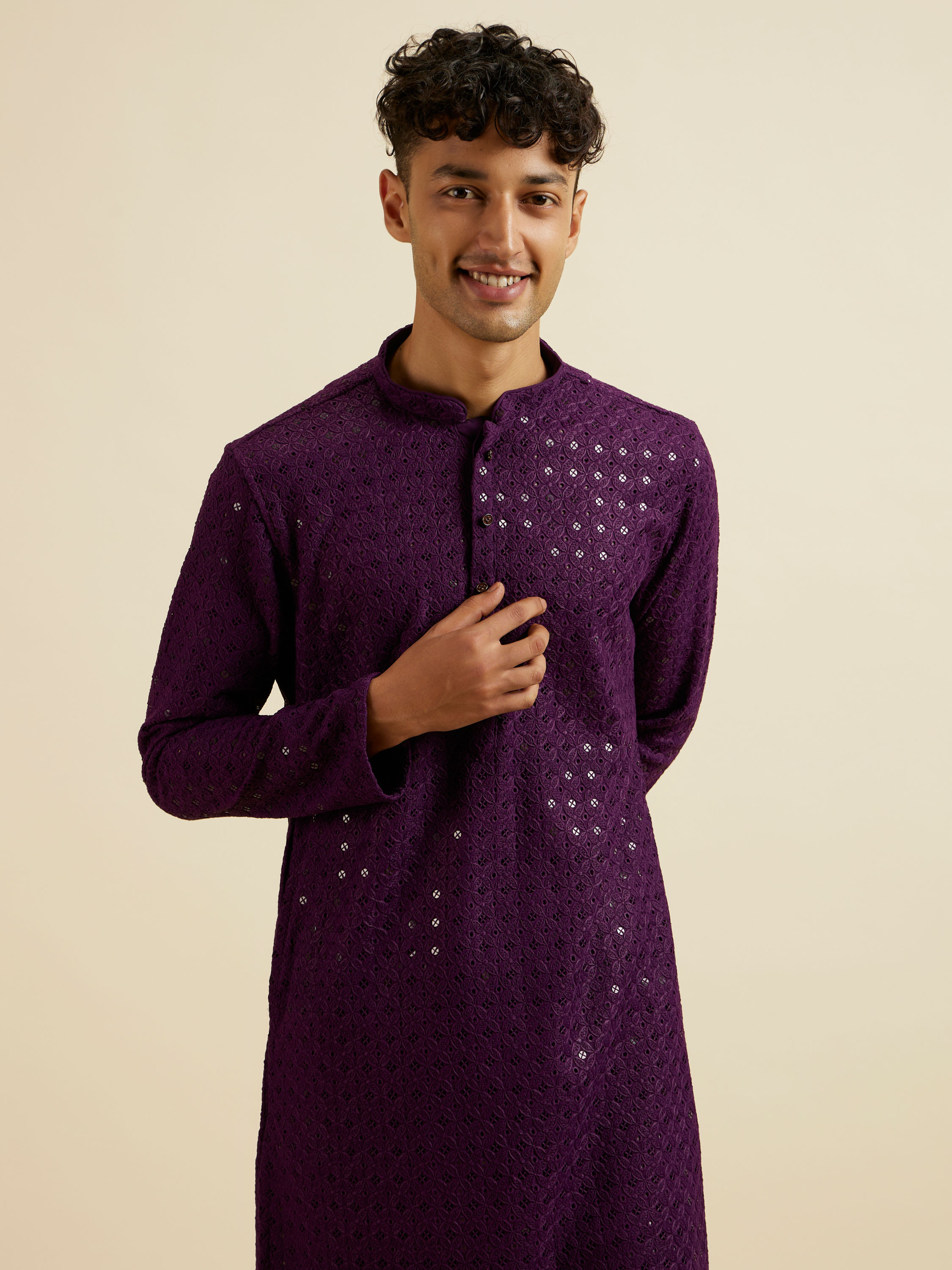 Manyavar Men Purple Chikankari Sequinned Kurta Set