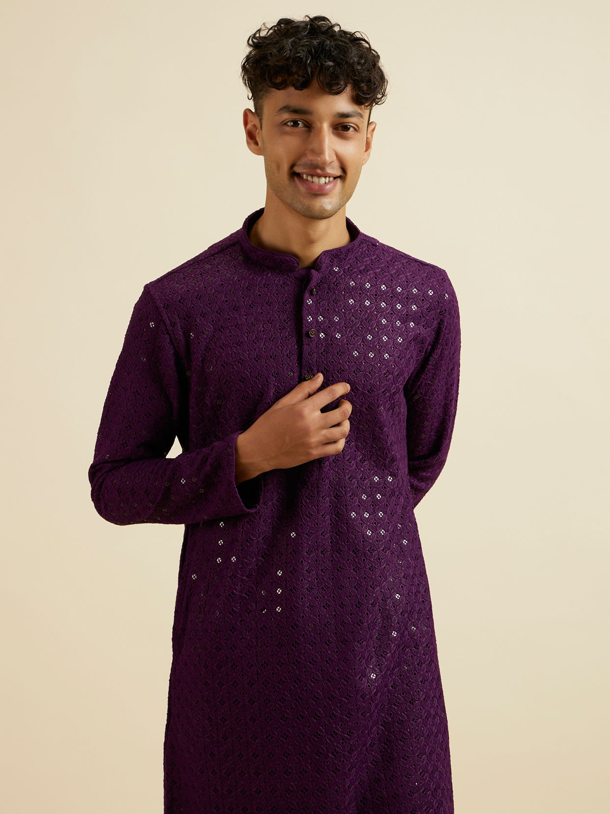 alt message - Manyavar Men Purple Chikankari Sequinned Kurta Set image number 0